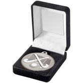 BLACK VELVET BOX AND 50mm HOCKEY MEDAL TROPHY MATT SILVER/SILVER - 3.5in